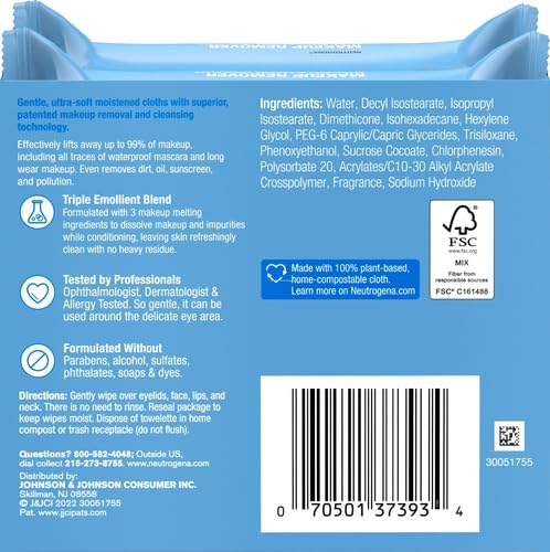 Neutrogena Makeup Remover Micellar Wipes for Face Daily Gently Removes Oil Dirt and Waterproof Makeup in a Simple Fully Plant-Based Cloth, 25 Count (Pack of 24)