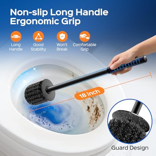HAMITOR Black Toilet Bowl Brush: Metal Rustproof Bathroom Cleaning Accessories Set with Hidden Holder for Renters - Wall-Mounted Family Compact Toilet Cleaner Kits for Apartment RV Small Space
