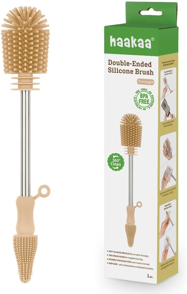 Haakaa Silicone Cleaning Brush Kit – Household Cleaning Brushes for Bottles and Crevices – Food-Grade Silicone: Dishwasher Safe (Brush-Champagne)