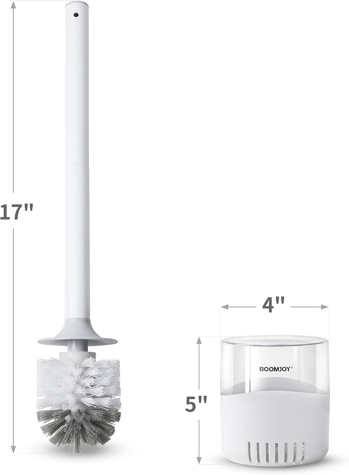 BOOMJOY Toilet Bowl Brush and Holder - Durable Head Toilet Cleaner Brush with Dense Bristles & Clear Base for Bathroom Deep Cleaning - Household Cleaning Accessories - White