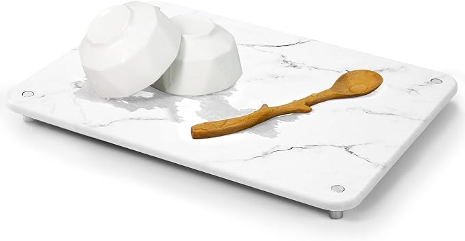 Stone Drying Mat for Kitchen Counter with Non-Slip Stainless Steel Feet, Quick Drying Diatomaceous Dish Racks for Dishes, Bottles and More, 15.7"(L)×11.8"(W), Pearl Marble