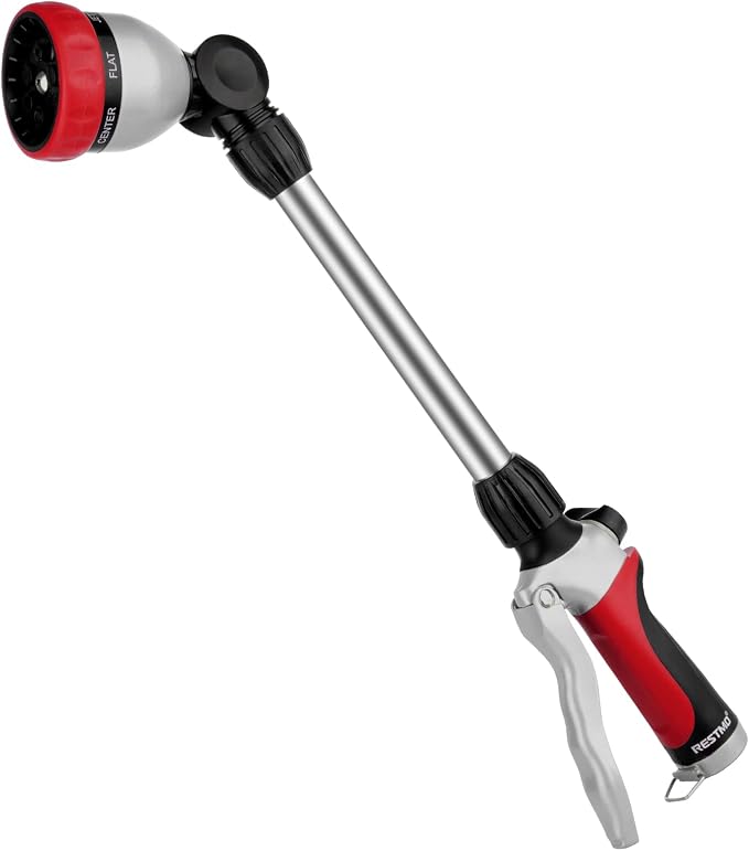 RESTMO Heavy Duty Metal Hose Wand, Watering Wand for Garden Hose | 180° Swivel Ratcheting Head, 16'' Hose Sprayer, 7 Spray Patterns, Flow Control, Ideal for Hanging Baskets & Shrubs, Red