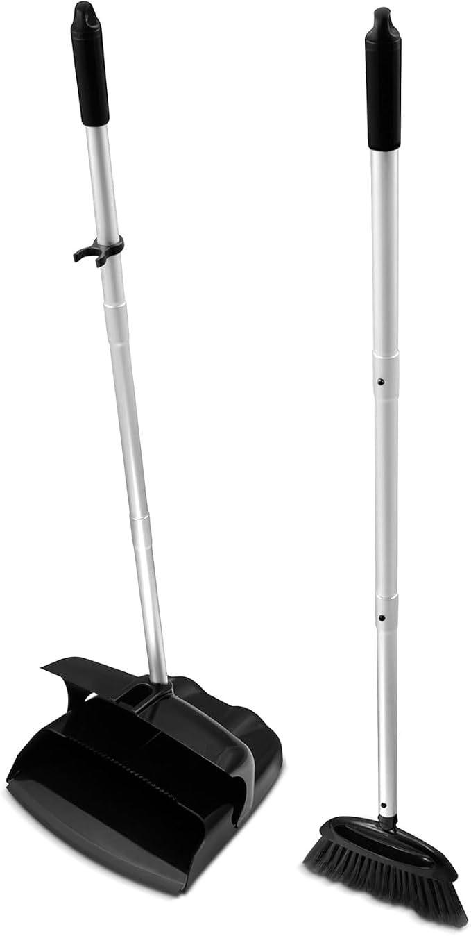 Carlisle FoodService Products Broom with Dustpan Combo Set – DuraPan, Adjustable Broom and Dustpan Set, Lightweight Metal and Plastic Design, 36", 4 Pack, Black