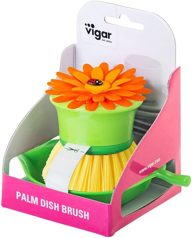 Vigar Flower Power Palm Dish Scrub Brush with Holder, Kitchen Scrub Brush for Dishes, Dish Scrubber, Sink Brush, Dishwashing Brush and Vegetable Scrubber for Household Cleaning - Orange, Green
