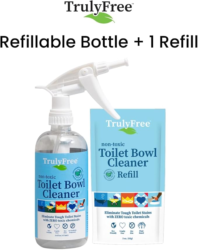 Truly Free Toilet Bowl Cleaner - Heavy-Duty Stain Remover - Septic Safe, Plant-Based Formula - Fresh Peppermint Scent - 16 oz Reusable Empty Bottle + Two Fills, 3 oz ea.