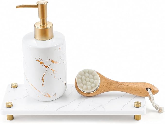 White Marble Pattern Style Water Absorbing Stone Sink Caddy, Bathroom & Kitchen Counter Organizer Tray, Faucet Drying Mat Soap Dish Rack Riser Dispenser Sponge Holder, Gold Metal Feet, 10" x 4"