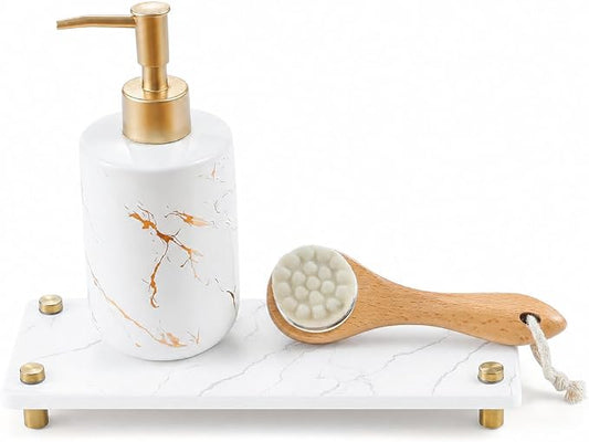 White Marble Pattern Style Water Absorbing Stone Sink Caddy, Bathroom & Kitchen Counter Organizer Tray, Faucet Drying Mat Soap Dish Rack Riser Dispenser Sponge Holder, Gold Metal Feet, 10" x 4"