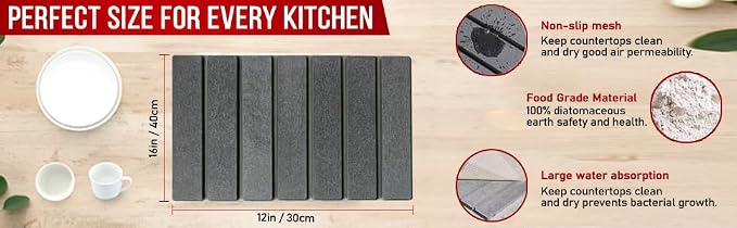 Super Absorbent Stone Dish Drying Mat – 16" x 12" Compact Fast-Drying Diatomite Mat for Countertops, Cups & Small Dish Loads