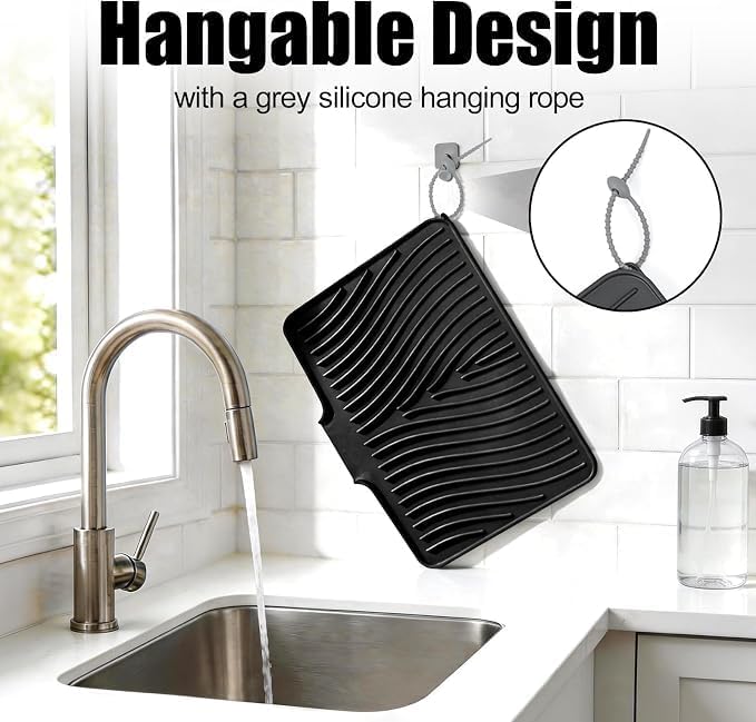 TIKNIK Silicone Dish Drying Mat for Kitchen Counter - Heat Resistant & Non-Slip Dish Drain Pad with Built-In Drain, Dishwasher Safe, Quick-Dry, Hangable & Roll-Up for Storage, Black-1pc, 16" x 12"