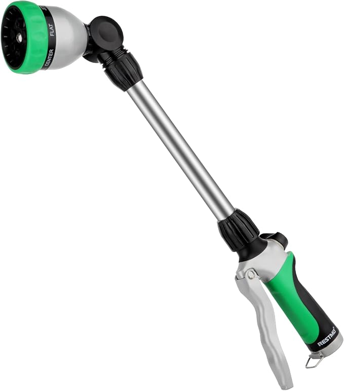 RESTMO Heavy Duty Metal Hose Wand, Watering Wand for Garden Hose | 180° Swivel Ratcheting Head, 16'' Hose Sprayer, 7 Spray Patterns, Flow Control, Ideal for Hanging Baskets & Shrubs