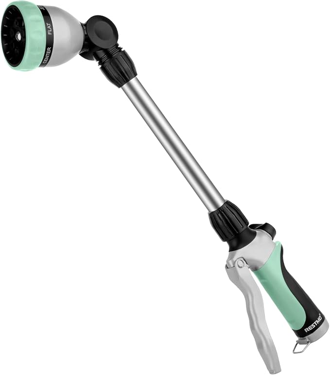 RESTMO Heavy Duty Metal Hose Wand, Watering Wand for Garden Hose | 180° Swivel Ratcheting Head, 16'' Hose Sprayer, 7 Spray Patterns, Flow Control, Ideal for Hanging Baskets & Shrubs, Cyan