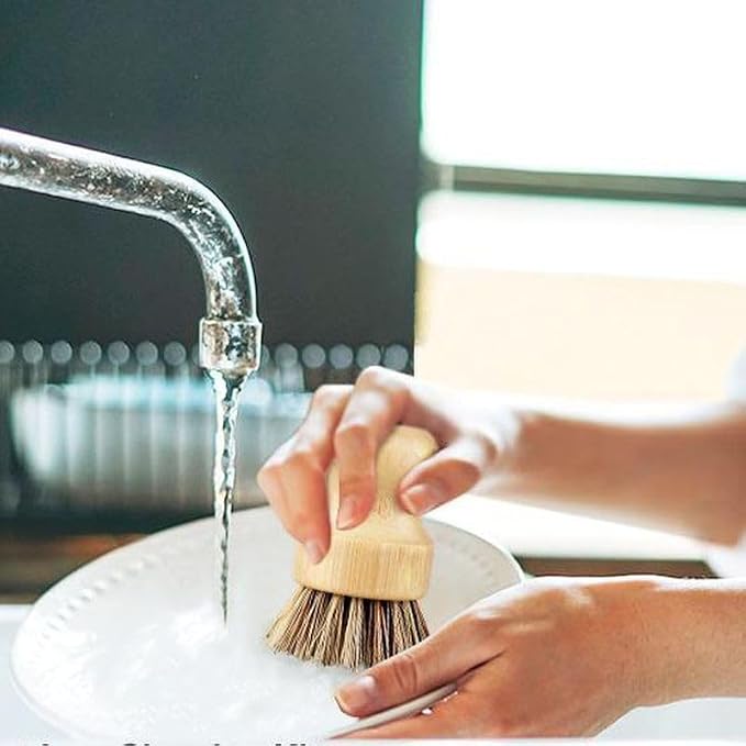 6 Packs Bamboo Dish Scrubber - Hard Bristle Natural Bristle Brush Union Fiber and Tampico Fiber Bamboo Dish Brush for Washing Cast Iron Pan/Pot
