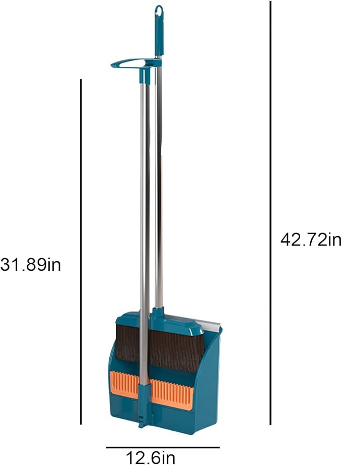 42.7'' Broom with Dustpan Combo Set, House Warming Gifts New Home, Dust pan and Broom Set, Long Handle Broom with Stand Up Dustpan Combo Set for Office Home Kitchen Lobby Floor Use (Green)