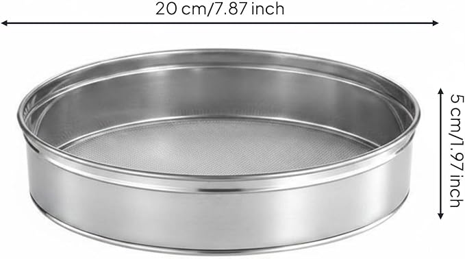 Flour Sieve Stainless Steel Mesh Sifter Round Strainer Colander Fine Filtering Achieves Smooth Mixtures Suitable for cake making pastry prep icing sugar everyday, 20cm