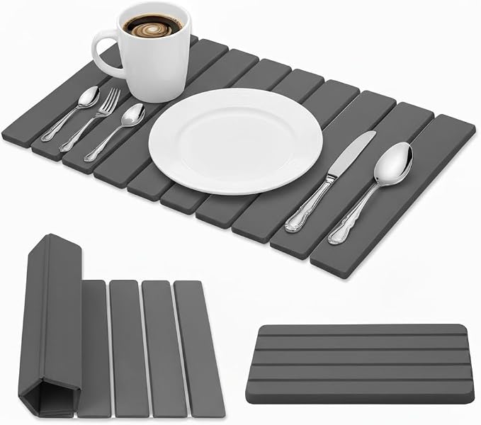 Large Stone Dish Drying Mat for Kitchen Counter, 2 PCS Quick Dry Diatomaceous Earth Dish Mat Set – Foldable Water Absorbing Kitchen Gadgets & Gifts, Home Essentials(Gray Ink 24"×16" & 8"x4")