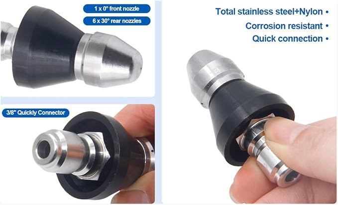 MIZORLIE Pressure Washer Sewer Jetter Nozzle with Stainless Steel,3/8'' Quickly Connector, 5000 PSI Orifice 6.5