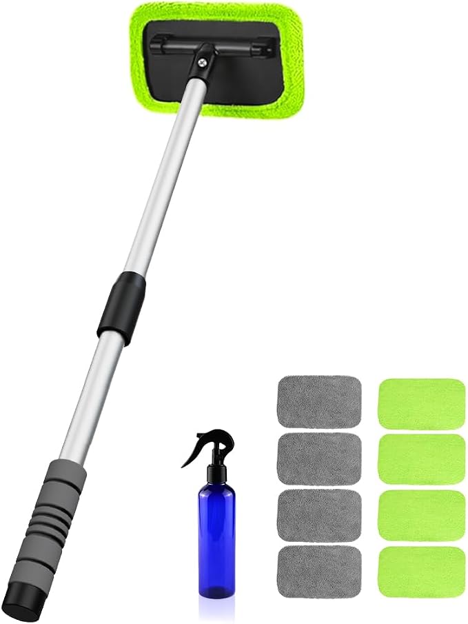 XINDELL Interior Windshield Cleaner Tool – Car Window Cleaning Tool 27inch Extendable Long Handle for Easy Cleaning, 9pcs Reusable Microfiber Pads, Streak-Free Interior & Exterior Auto Glass Cleaner
