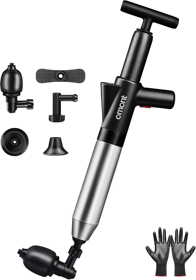 Toilet Plunger Drain Clog Remover: High Pressure Air Drainage Blaster Clog Remover Tool with Gloves- Stainless Steel Black Air Plunger for Bathroom, Sink, Floor, Kitchen Clogged
