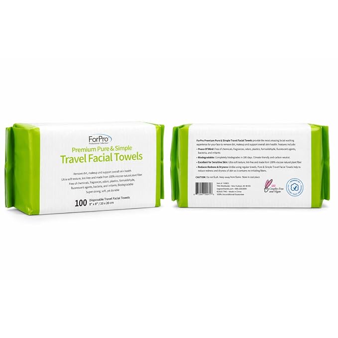 ForPro Travel Size Disposable Face Towels, 8"x8" Compact Dry Wipes, Ultra Soft Lint-Free Viscose Makeup Remover Pads for Sensitive Skin, Biodegradable, Vegan, 100-Count