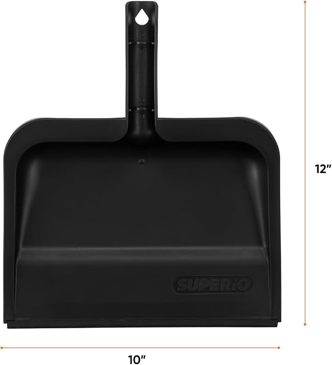 Superio Clip-On Dustpan with Rubber Lip - 10-inch Wide Durable Plastic Dust Pan with Comfort Grip Handle, (Clip-on Dustpan with Rubber Lip, Black) (Black)