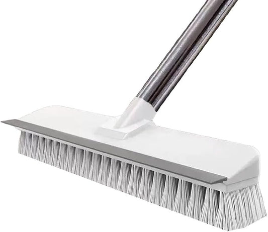 Floor Scrub Brush with Long Handle 2 in 1 Scrape Brush Stiff Bristle Floor Scrubber with Squeegee Cleans Kitchen, Wall, Tile, Grout, Tub for Cleaning Patio Bathroom Garage Wall Deck