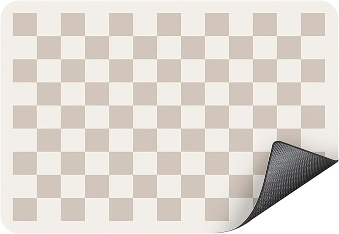 Clinuse Coffee Mats, 19"x12" Checkered Dish Drying Mat for Kitchen Counter, Quick Dry Mat, Diatomite Absorbent Aesthetic Large Drying Mats for Coffee Bar - Khaki White