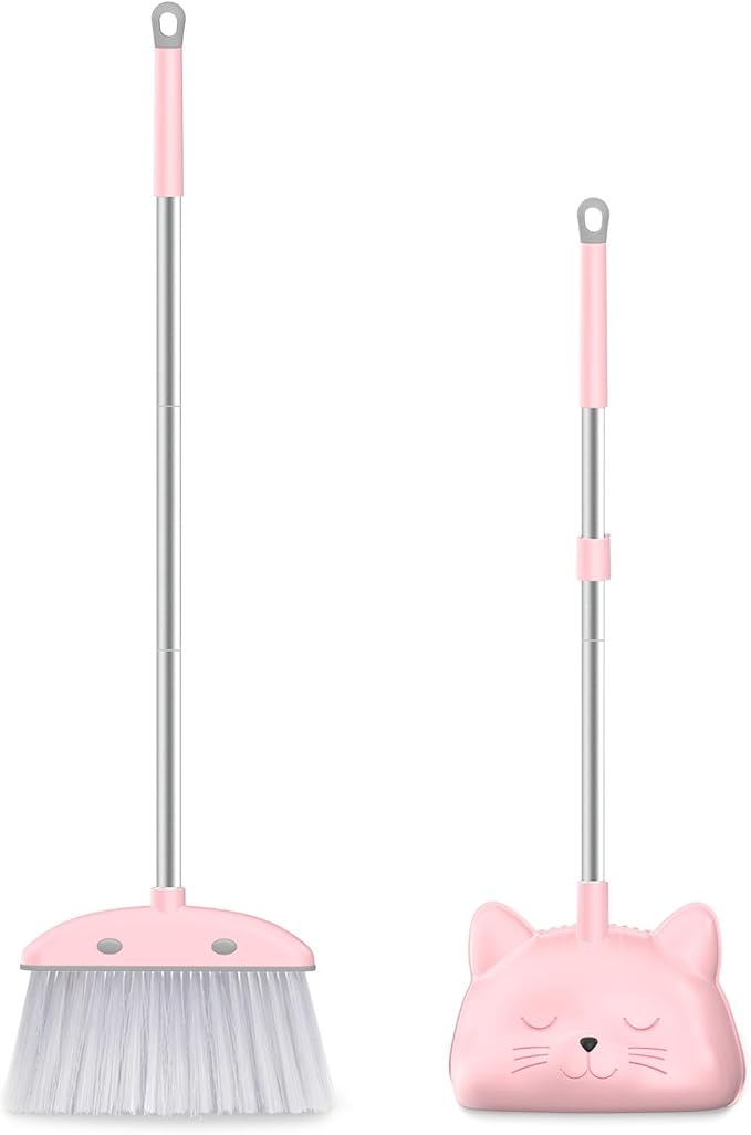 Mini Broom with Dustpan for Kids, 28-in Handle Kids Broom and Dustpan Set for Toddlers Cat-Shaped Children Cleaning Set Boys Girls Small Housekeeping Helper Set, Pink