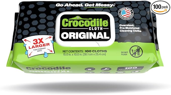 Crocodile Cloth Original Cleaning Wipes, Heavy-Duty Multi-Surface Hand & Tool Wipes, Water-Based, Safe on Skin, 100 Count, 15 x 10 Inch