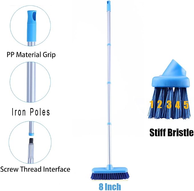YONILL Deck Scrub Brush with Long Handle for Indoor and Outdoor Cleaning | Stiff Bristle Scrubbing Brush, 50" Adjustable Handle, Floor Scrubber Brush for Bathroom, Shower, Tile Floors, Garage, Patio