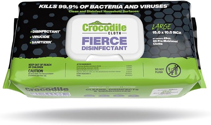 Crocodile Cloth Fierce Disinfectant Wipes - 80 Count 15" x 10" Multi-Surface Disinfecting Cleaning Cloths For Kitchens, Bathrooms, Offices & Schools