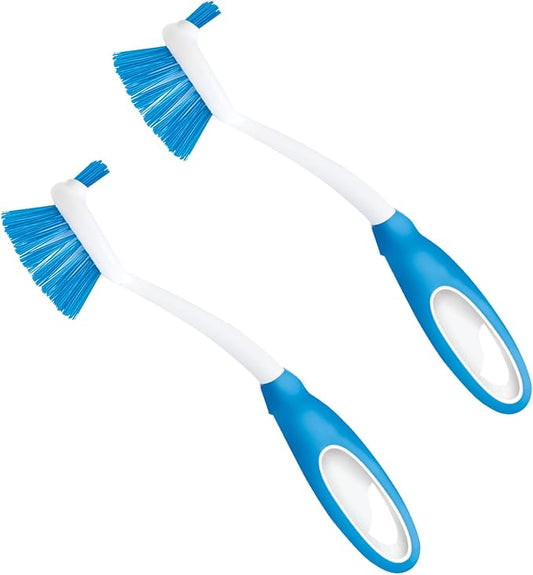 Dish Brush Scrubber for Kitchen, 2 Pack, by LOLA, Has Stiff Bristles & Food Scraper, Comfort No-Slip Grip Handle, Safe for Non-Stick & Coated Cookware