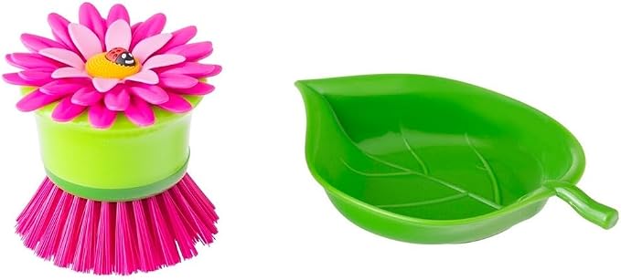 Vigar Flower Power Palm Dish Scrub Brush with Holder, Kitchen Scrub Brush for Dishes, Dish Scrubber, Sink Brush, Dishwashing Brush and Vegetable Scrubber for Household Cleaning - Pink, Green