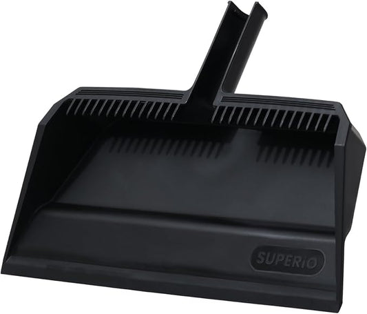 Superio 2-Pack Wide Plastic Dustpan with Comb - 16" Wide, Rubber Lip, Broom Handle Clip, Black