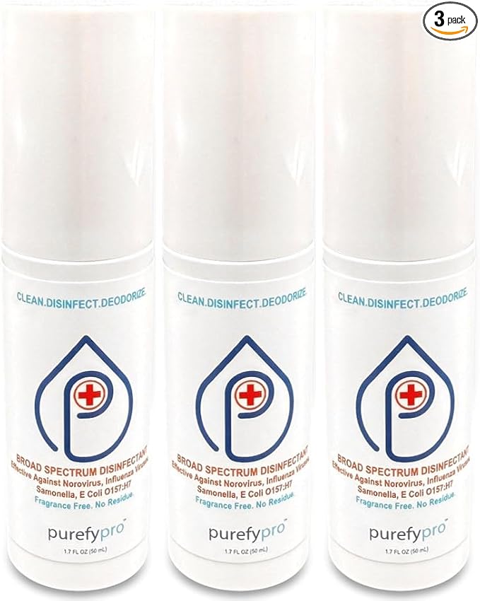Purefypro Disinfectant Spray (1.7oz, 3 Pack) - No Rinse. No Residue. Kills 99.9999% Norovirus, HIV, Flu, Monkeypox Virus, and Fungi, Drug Resistant Germs. (On The Go)