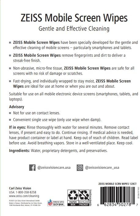 ZEISS Pre-Moistened Wipes, Screen Cleaner, 120 Count (Pack of 8)