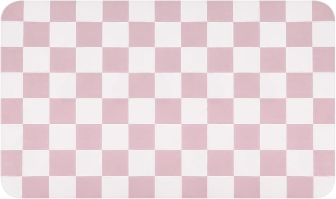 CooRug Checkered Dish Drying Mat, 12" x 20", Pink | Absorbent, Leak-Proof, Non-Slip, Heat Resistant, For Kitchen Counter & Coffee Bar, Eco-friendly Materials, Easy to Clean