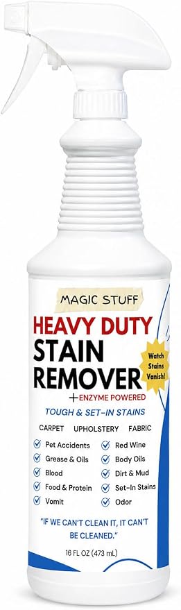 Magic Stuff Heavy Duty Stain Remover - Enzyme-Powered Carpet & Upholstery Cleaner - Eliminates Pet Urine, Odor, Wine, Coffee, Grease, and Deep Set Stains - No rinse, Odor Free, Kid & Pet Safe Formula