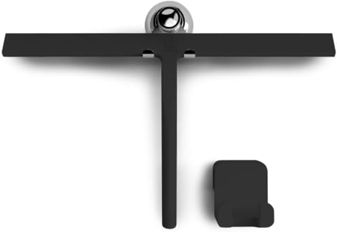 GÜTEWERK Silicone Shower Squeegee for Glass Doors & Mirrors with Stainless Steel Core, Streak-Free & No-Squeak Window Cleaning, 3-in-1 No-Drill Mount (Hook/Suction/Adhesive),Black, 15 Inches
