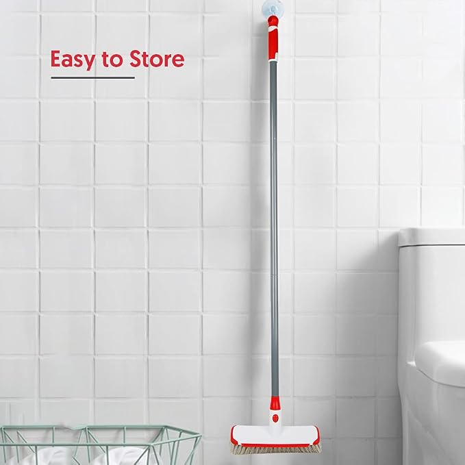 Floor Scrub Brush with Long Handle, Scrubbing Brush Squeegee Broom for Cleaning, 2 in1 Stiff Bristle Shower Scrubber Floor Squeegee for Pool Wall Tile(White)