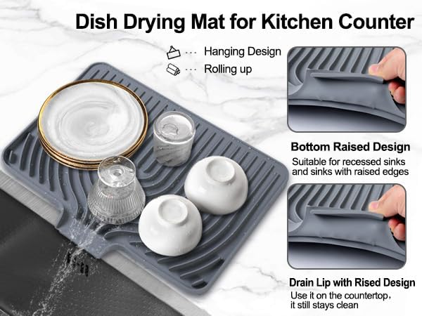 Dish Drying Mat for Kitchen Counter, with Built-in Drain Lip, Food-Grade Silicone, Easy Clean Pad for Countertop Protection, Multi-Functional Use (18 x12 Raised Sink, Grey)