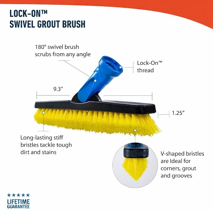 Unger Professional Lock-On Multi-Angle Wash Brush, Grout Brush and EZ Extend Pro Telescopic Pole for Outdoor Cleaning, Adjustable 5 FT Pole Extends Reach