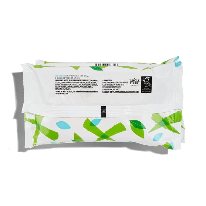 365 by Whole Foods Market, Plant-Based Flushable Wipes, Aloe & Green Tea Scent, 42 Count (Pack of 3)