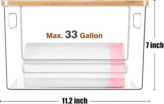 Trash Bag Holder, Acrylic Garbage Bag Dispenser with Bamboo Top, Extra Large Trash Bags Dispenser Under Sink for Kitchen, Pantry, Laundry Room, Cabinet Organizer and Storage (1 PACK)