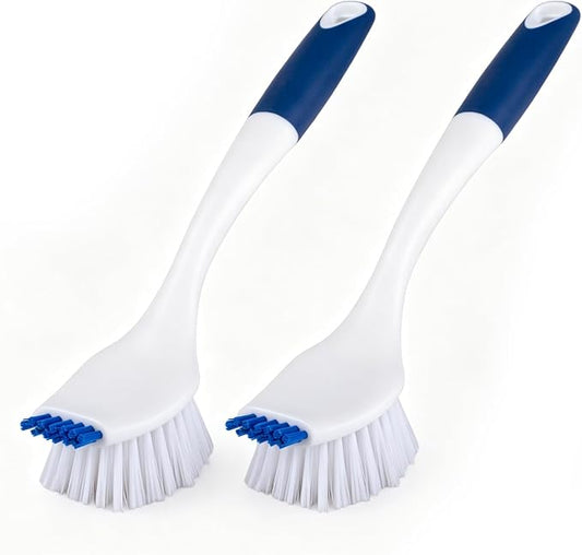 ITTAR Kitchen Dish Brush with Long Non-Slip Handle, 2-in-1 Kitchen Scraper & Brush, Heavy-Duty Non-Scratch Scrub Brush for Sink, Pots, Pans, Burnt Food Grease Stove Sink Cleaning-White & Blue