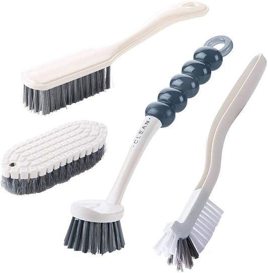 Dish Brush Set 4 Pack with Handle, Stiff Bristle Kitchen Scrub Brushes, Multi-Purpose Cleaning Brushes for Dishes, Pots, Sinks, Bottles, Grout Lines & Bathroom Surfaces