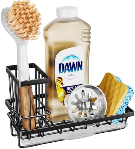 SWTYMIKI Sink Caddy Sponge Holder - Kitchen Sink Organizer with High Brush Holder for Countertop to Hold Dish Soaps and Sponges, Stainless Steel, Black