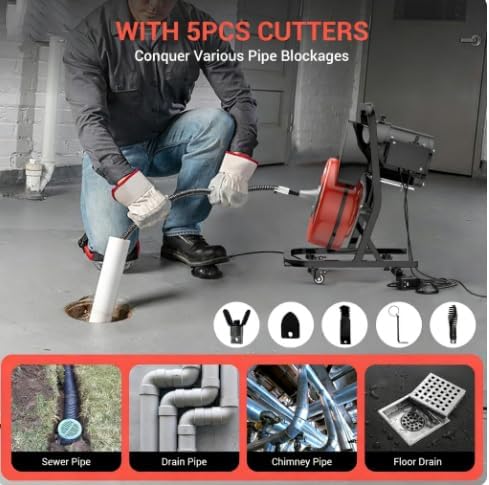 50FTx1/2 Inch Drain Cleaner Machine with Wheels, Sewer Snake Electric Drain for 2" to 4" Pipes, Plumbing Snake Auger Cleaner with 6 Cutter & Foot Switch for Sewer, Sink, Toilet, Bathroom