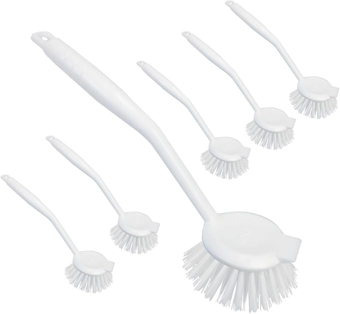 LOLA Dish Brush w/Scraper, 6 Pack, Durable Fiber Non-Scratch Bristles, Ergonomic Non-Slip Grip Handle, for Baked-on & Caked-on Messes