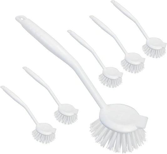 LOLA Dish Brush w/Scraper, 6 Pack, Durable Fiber Non-Scratch Bristles, Ergonomic Non-Slip Grip Handle, for Baked-on & Caked-on Messes