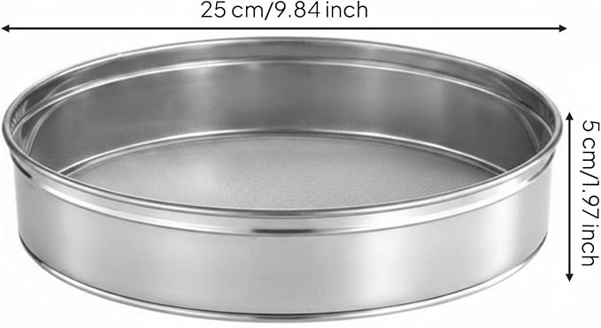 Flour Sieve Stainless Steel Mesh Sifter Round Strainer Colander Fine Filtering Achieves Smooth Mixtures Suitable for cake making pastry prep icing sugar everyday, 25cm